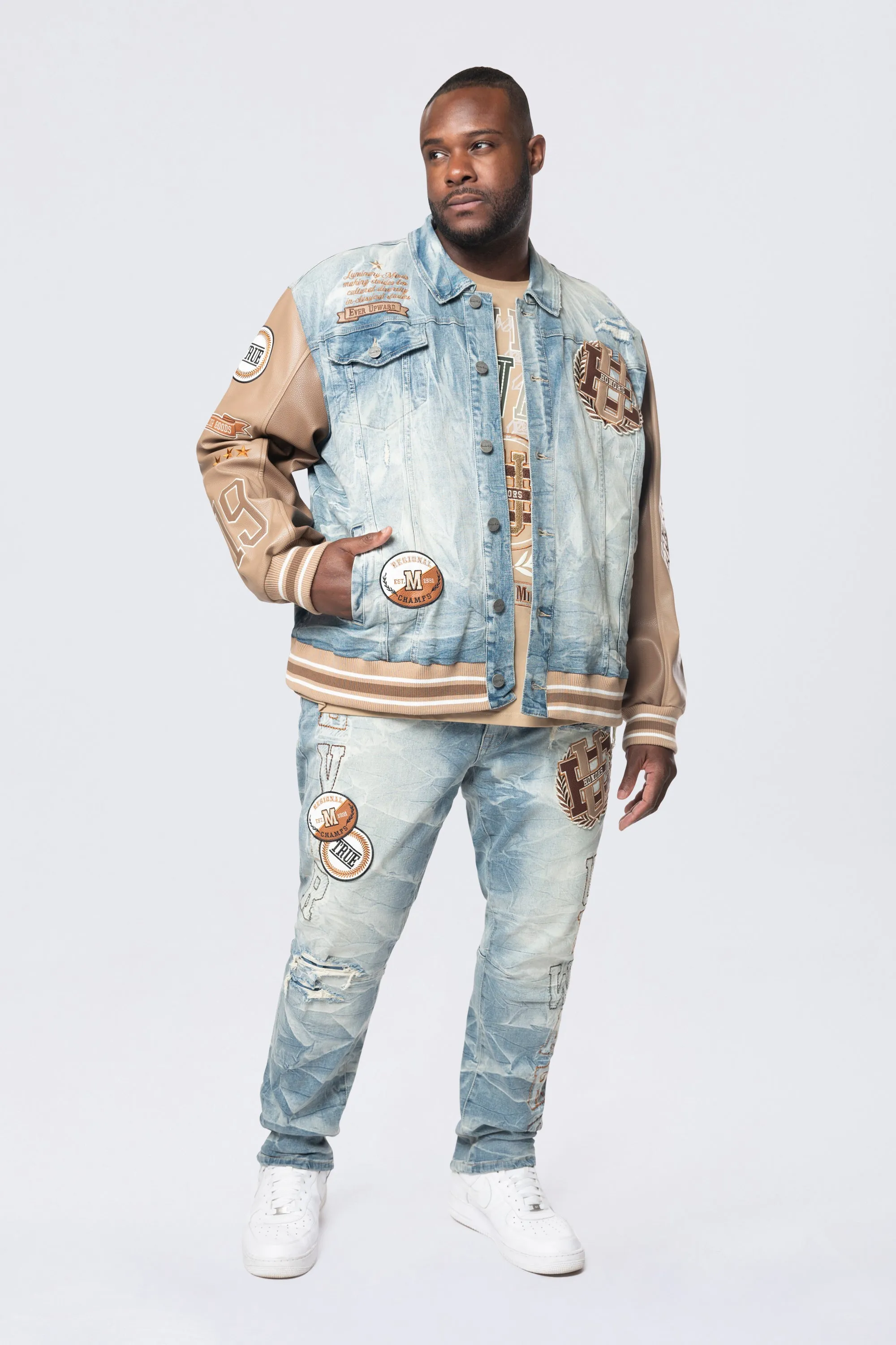 Tall and Big - Clyde Blue Varsity Denim Jacket with Vegan Leather Sleeves