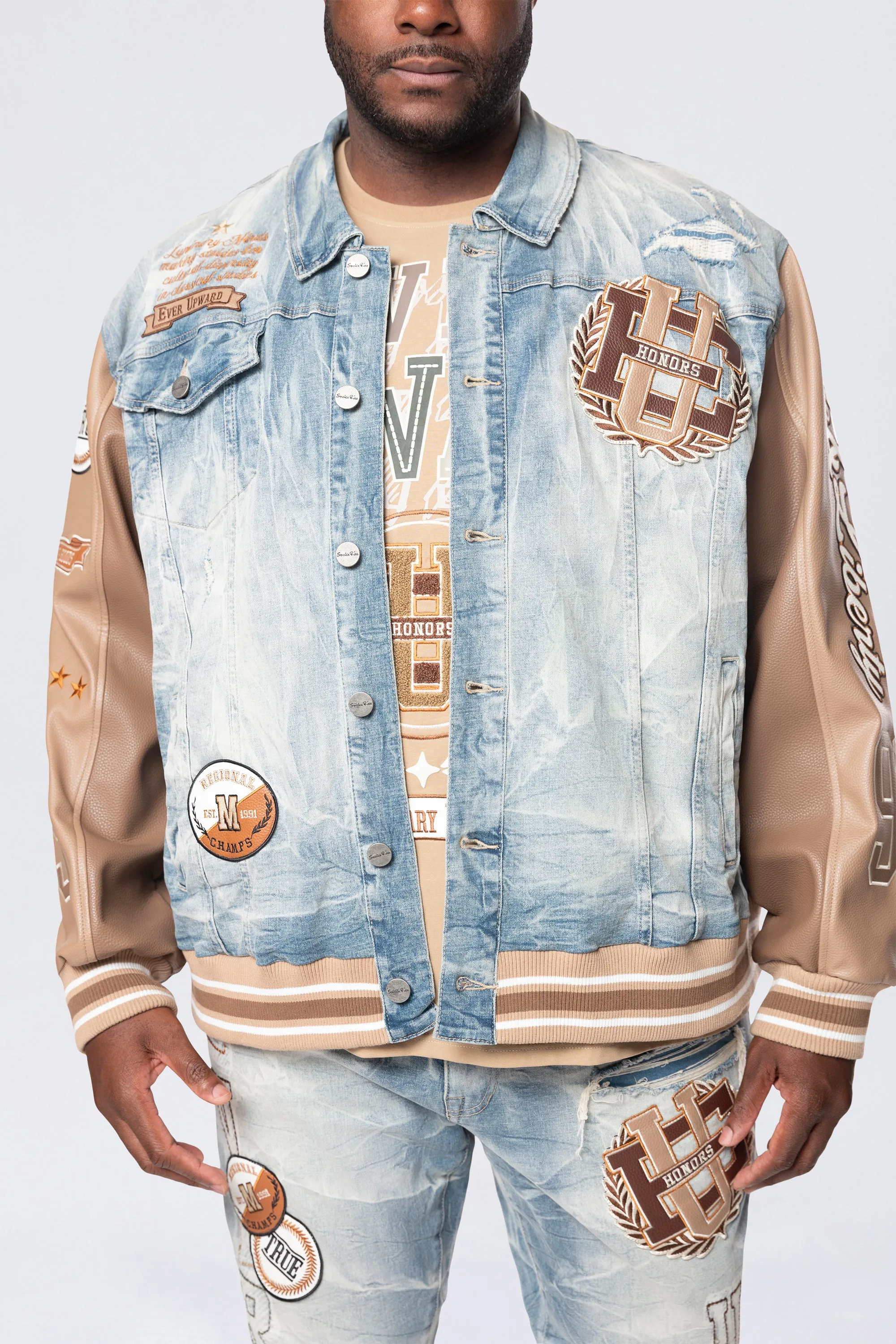 Tall and Big - Clyde Blue Varsity Denim Jacket with Vegan Leather Sleeves