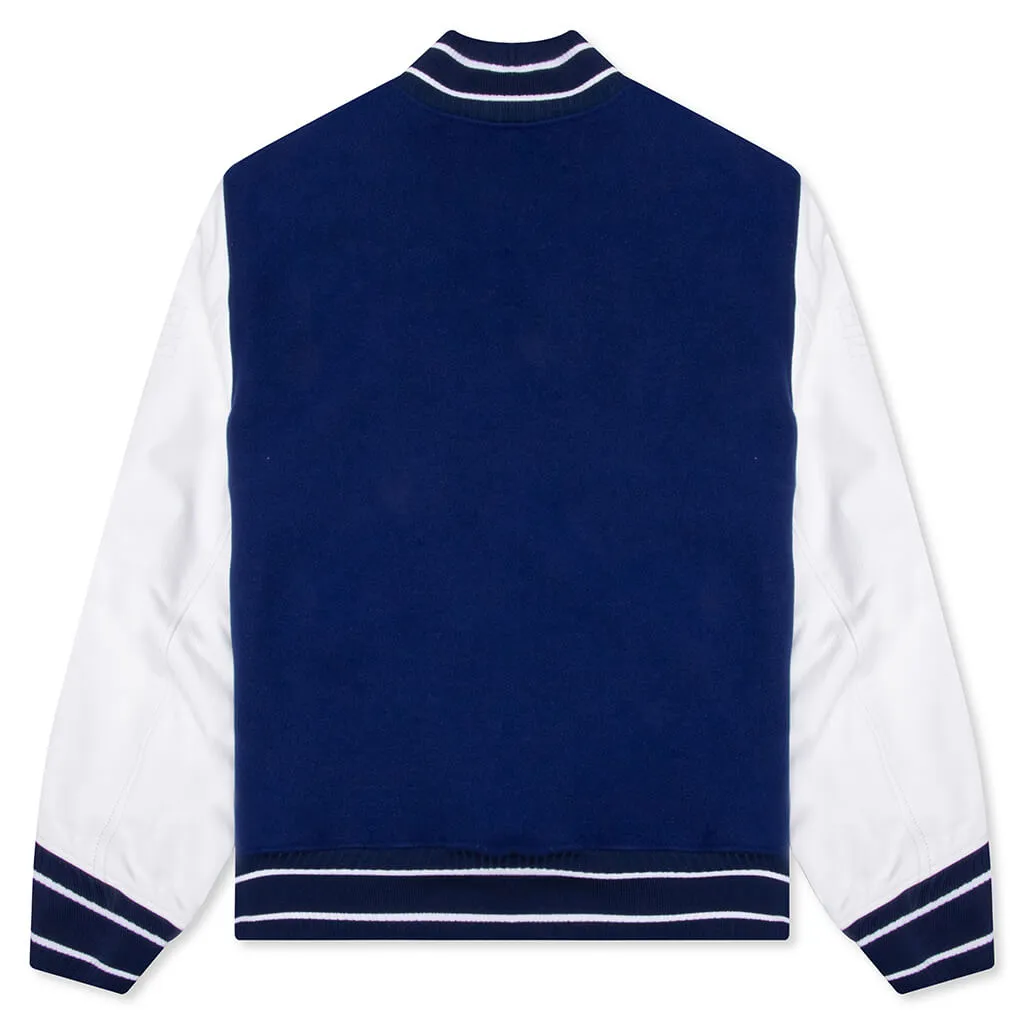 Big Varsity Bomber in Wool and Leather - White/Blue