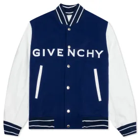 Big Varsity Bomber in Wool and Leather - White/Blue