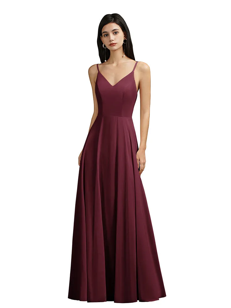 Biztunnel Long A-line V-neck Backless Satin Bridesmaid Dresses