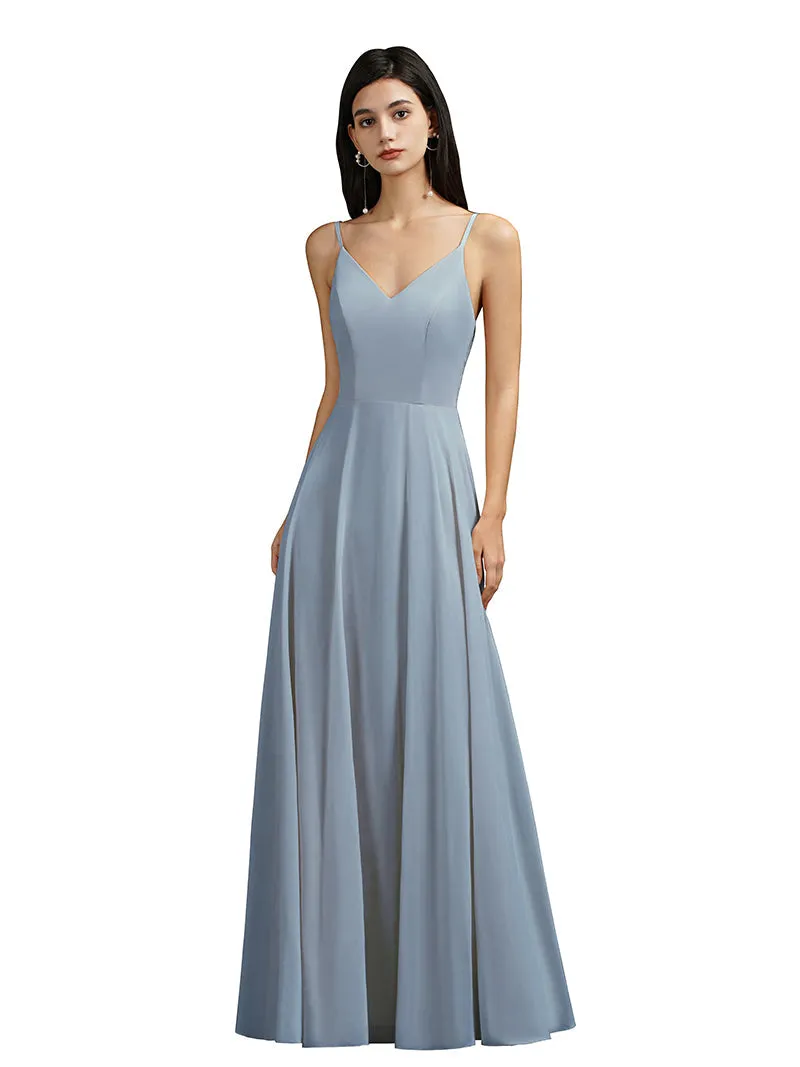 Biztunnel Long A-line V-neck Backless Satin Bridesmaid Dresses