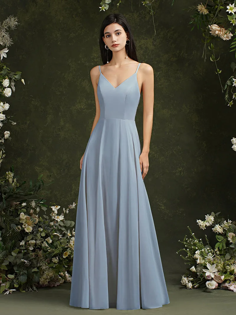 Biztunnel Long A-line V-neck Backless Satin Bridesmaid Dresses