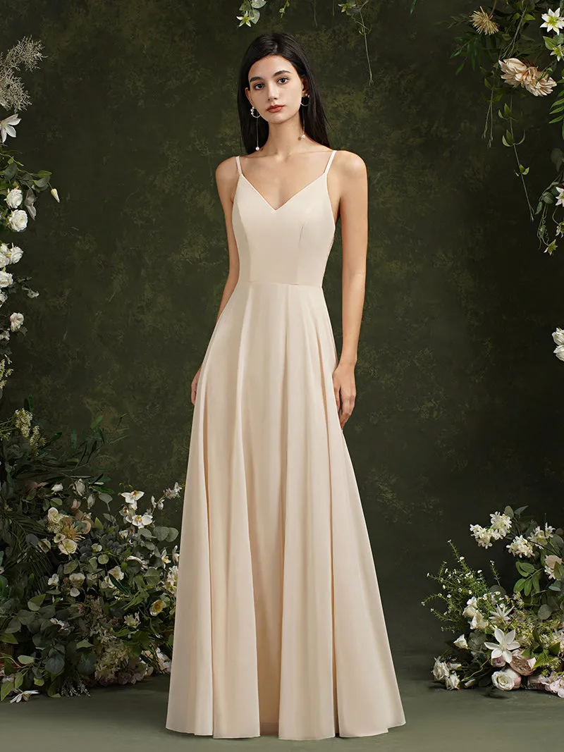 Biztunnel Long A-line V-neck Backless Satin Bridesmaid Dresses