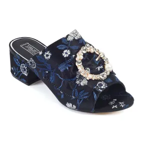 Black Floral Brooche Low Heel Mule