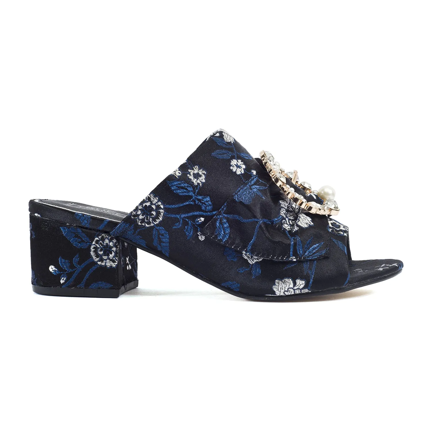 Black Floral Brooche Low Heel Mule