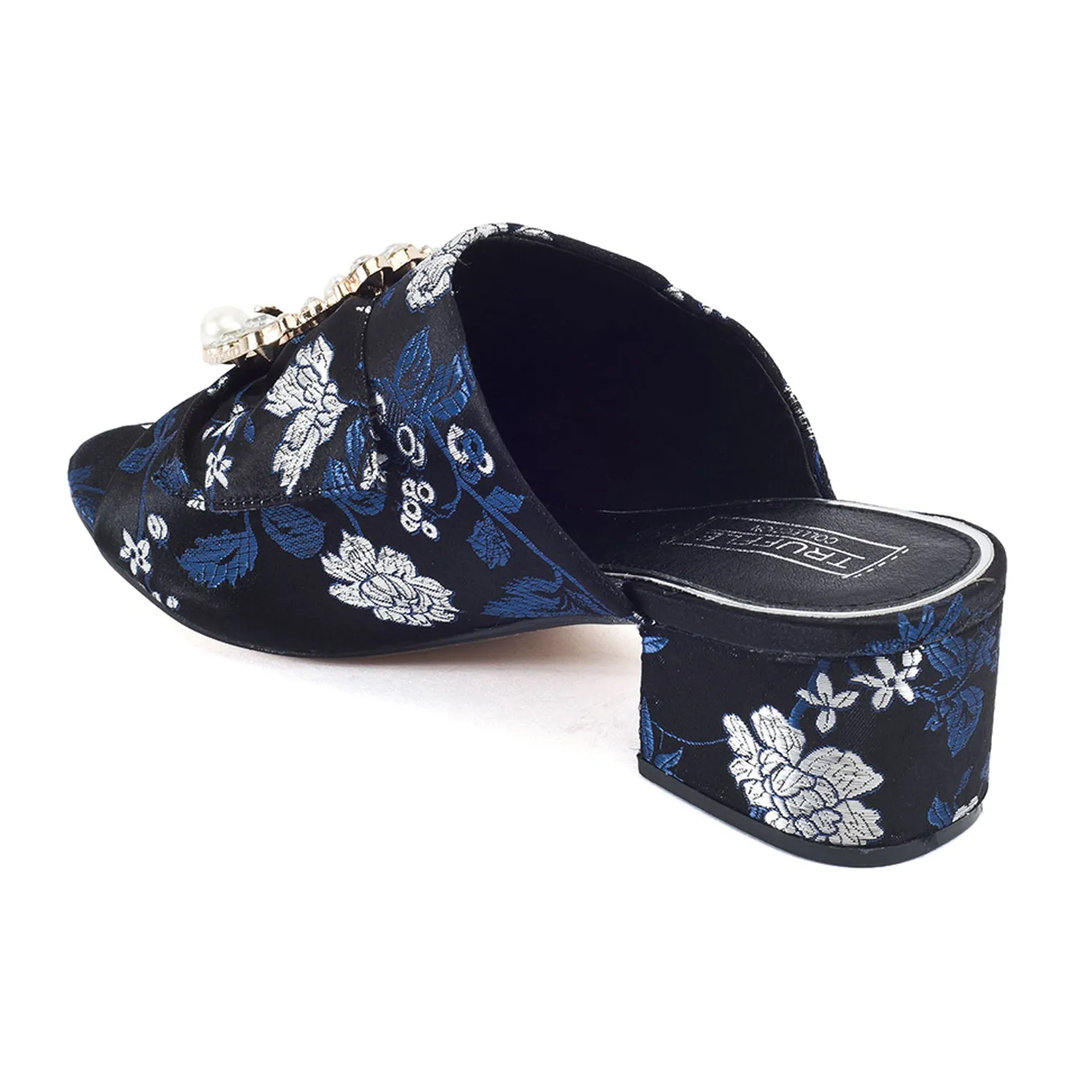 Black Floral Brooche Low Heel Mule