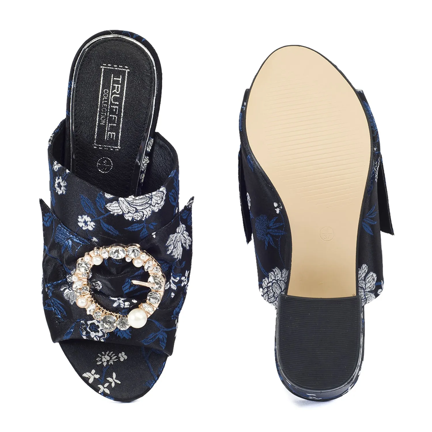 Black Floral Brooche Low Heel Mule