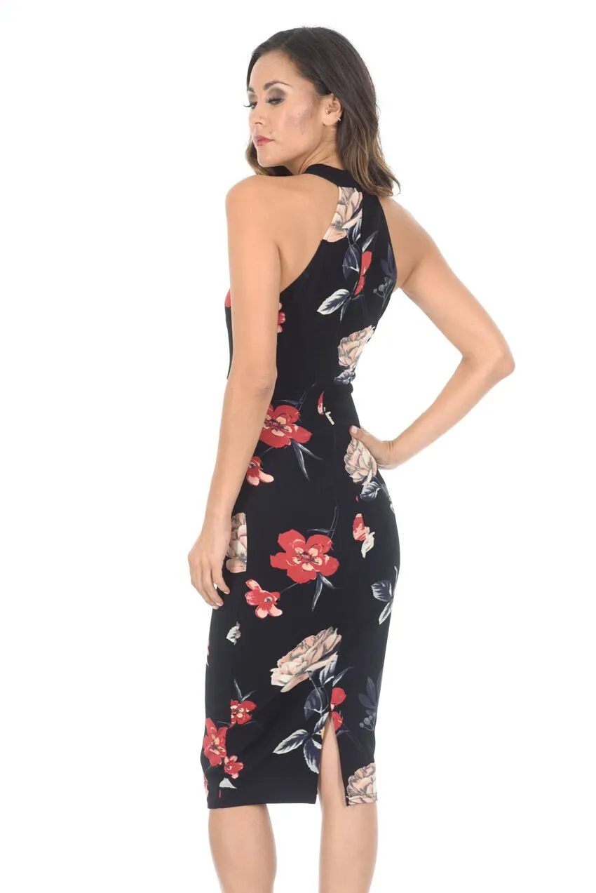 Black Floral Halter Midi Dress