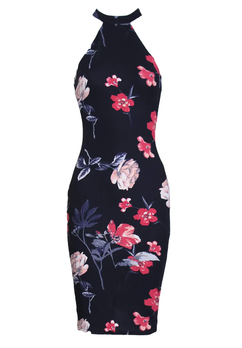 Black Floral Halter Midi Dress