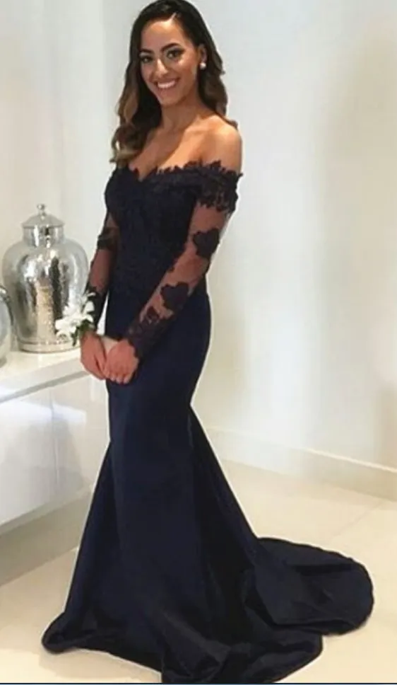 Black Off-Shoulder Long Sleeves Mermaid Prom Dress, PD2303131