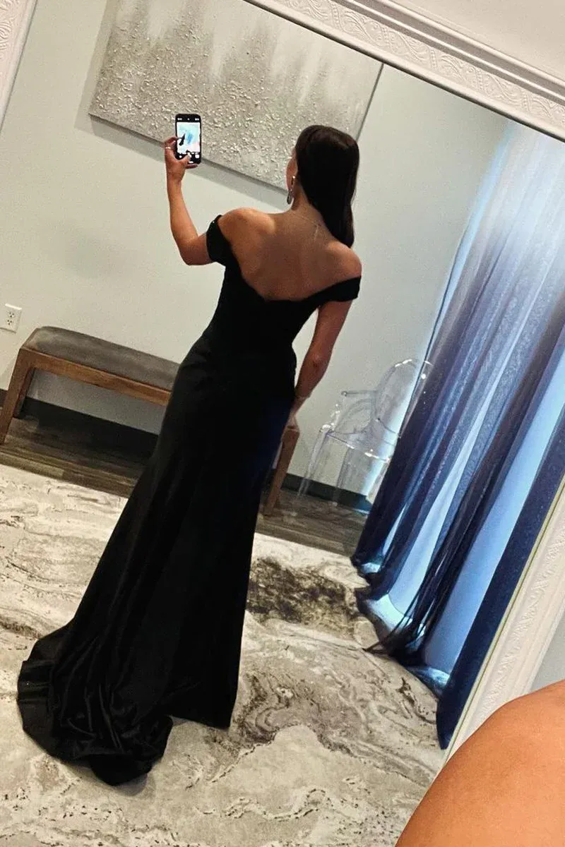 Black Satin Off the Shoulder Mermaid Long Prom Dress, PD2404161