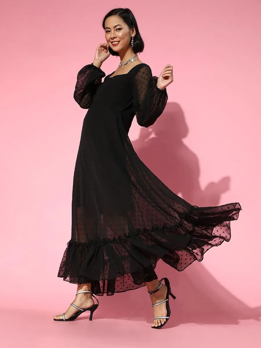 Black Self Design Ruffled Midi Gown