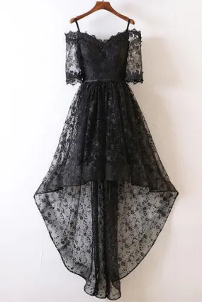 Black Short Sleeve High Low Homecoming Dresses Lace Appliques Sweetheart Prom Dress