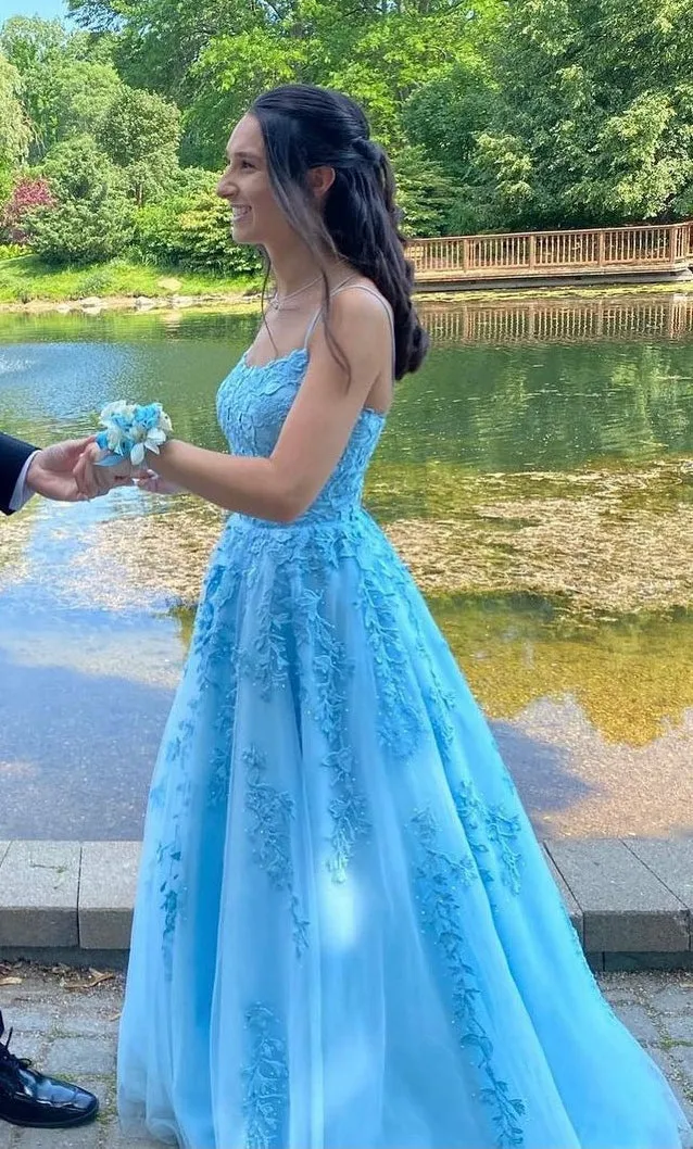 Blue Lace Prom Dress Long,  Formal Ball Dress, Evening Dress, Dance Dresses, School Party Gown, PC0957