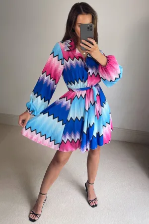 Blue Multi Zig Zag Print Shirt Dress