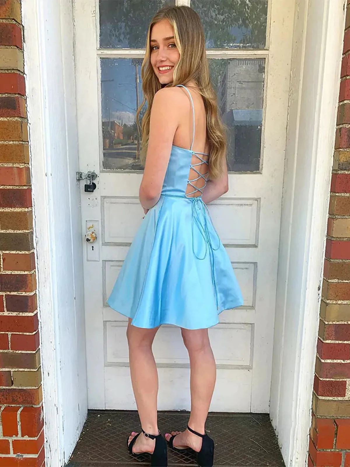 Blue Short A-line Strapless Open Back Prom Homecoming Dresses