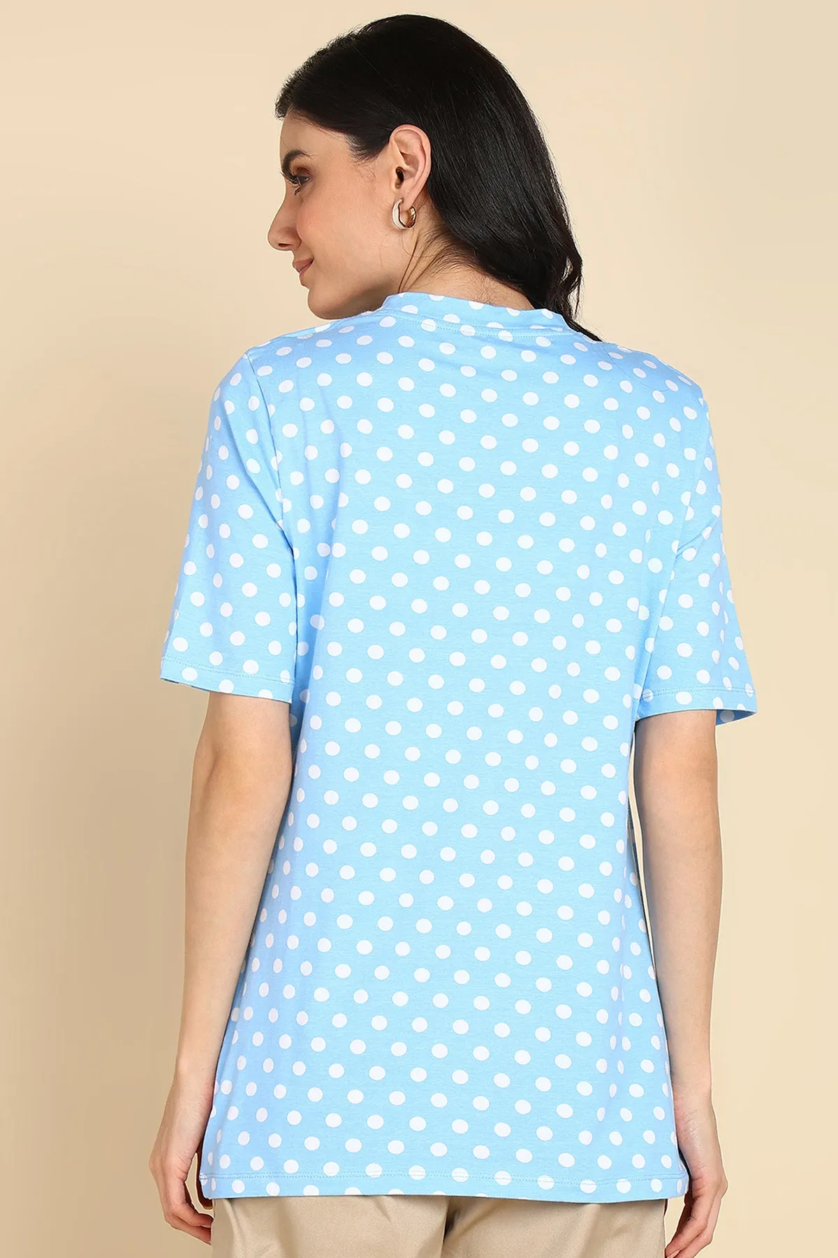 Blue with White Polka Dot Printed Zipless Maternity Feeding Top