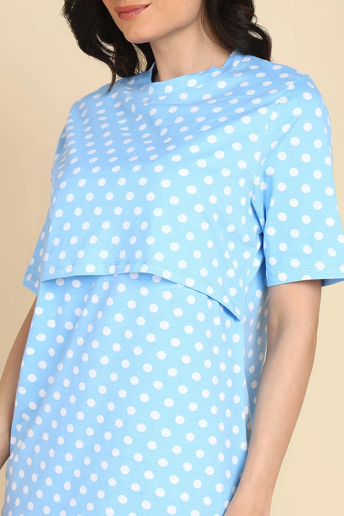 Blue with White Polka Dot Printed Zipless Maternity Feeding Top