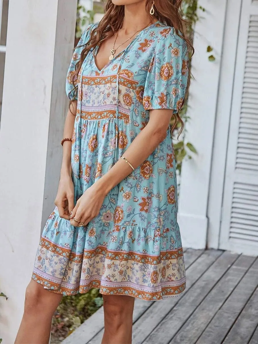 Bohemian Floral Print Tie Neck Puff Sleeve Smock Dress