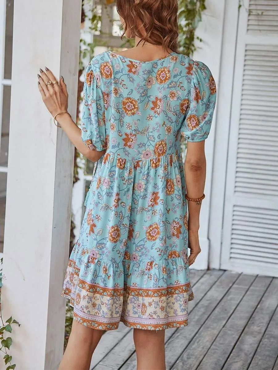 Bohemian Floral Print Tie Neck Puff Sleeve Smock Dress