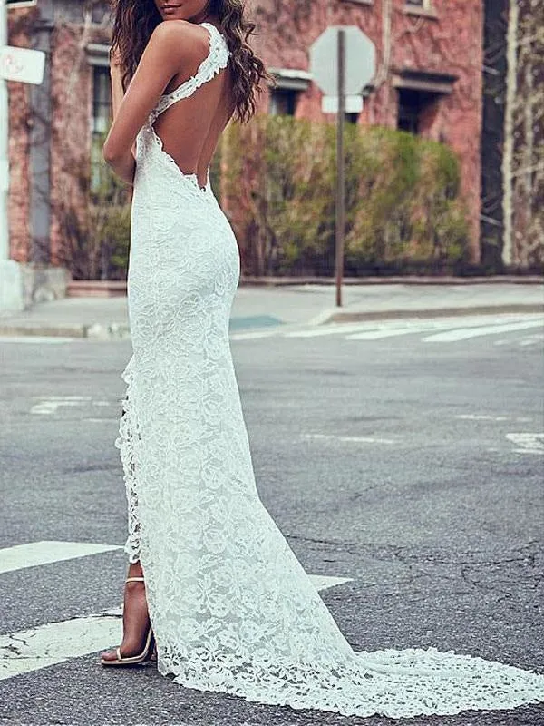 Boho Wedding Dress Mermaid High Cpllar Halter Sleeveless With Train Split Lace Bridal Dress