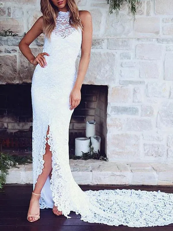 Boho Wedding Dress Mermaid High Cpllar Halter Sleeveless With Train Split Lace Bridal Dress