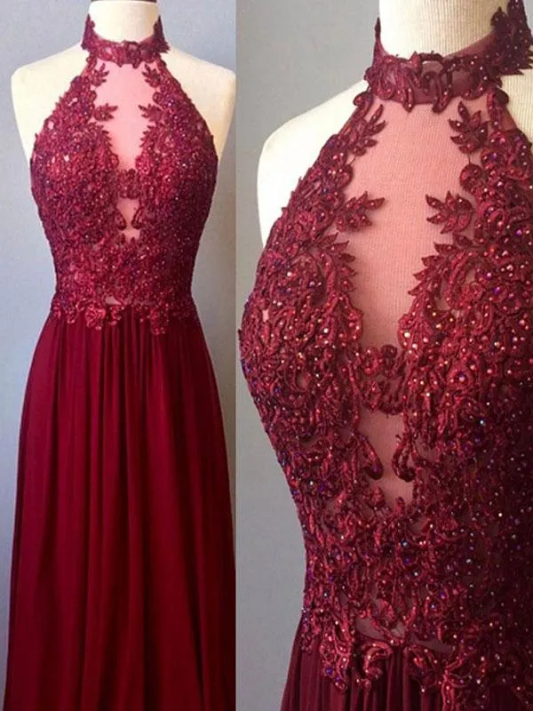 Burgundy Chiffon Prom Dress Lace High Neck Prom Dress #ER140