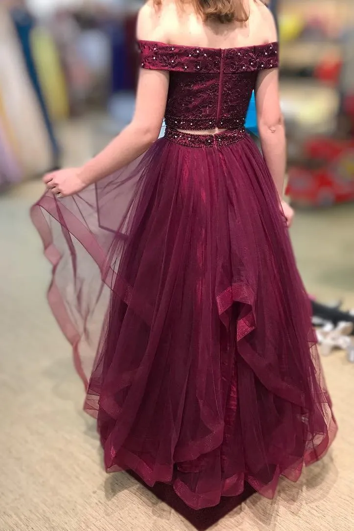 Burgundy Two Piece Prom Dresses Off Shoulder Graduation Dresses