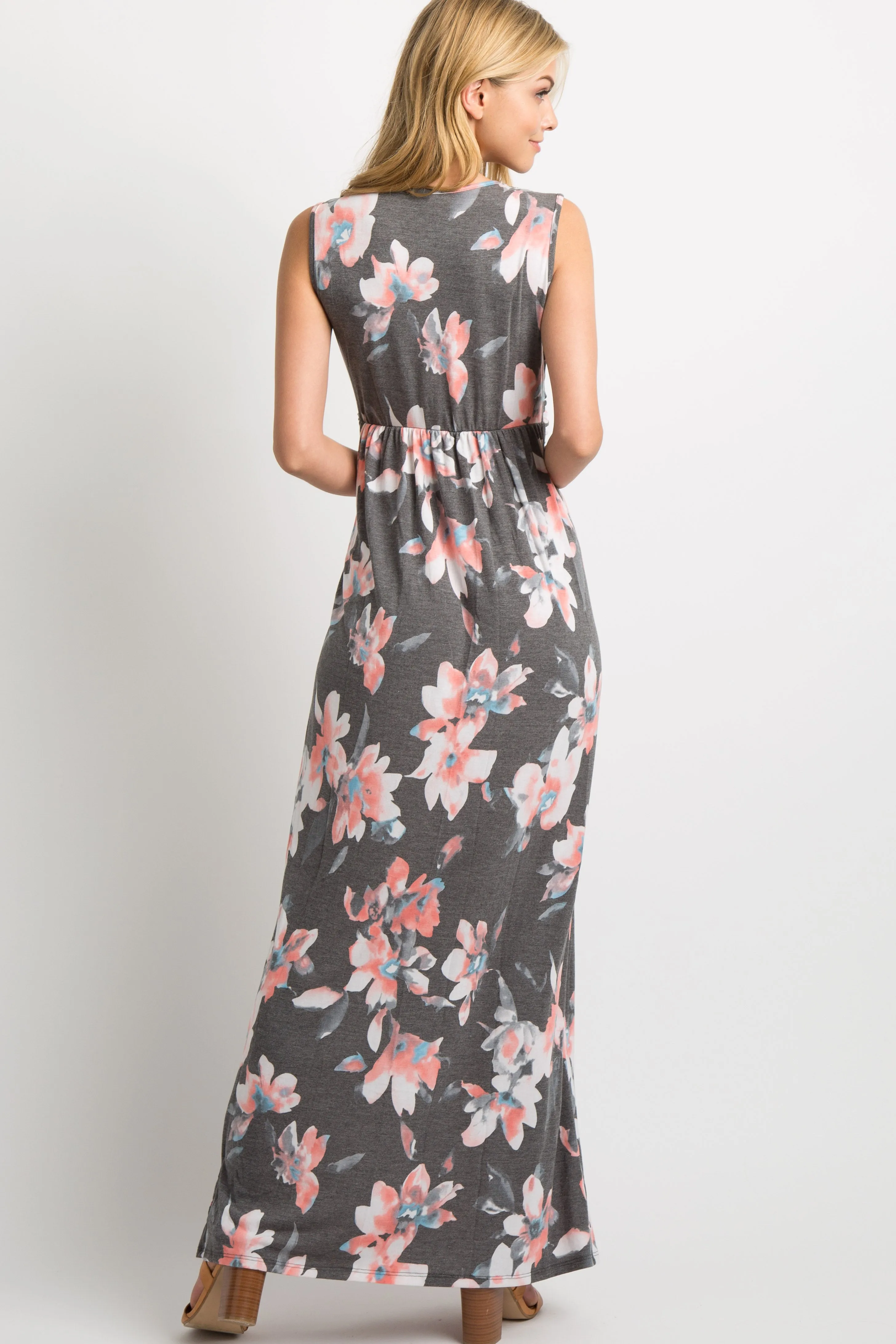 Charcoal Grey Floral Sleeveless Knot Front Maxi Dress