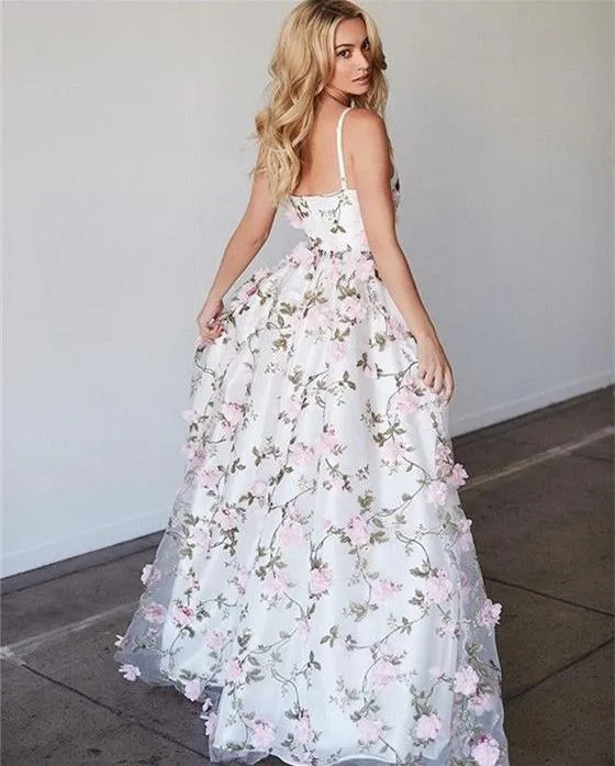 Chic Flower Pink Prom Dress Lace Cheap Long Prom Dress #ER149