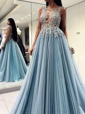 Chic Tulle Prom Dress Blue A Line Plus Size Long Prom Dress #ER431