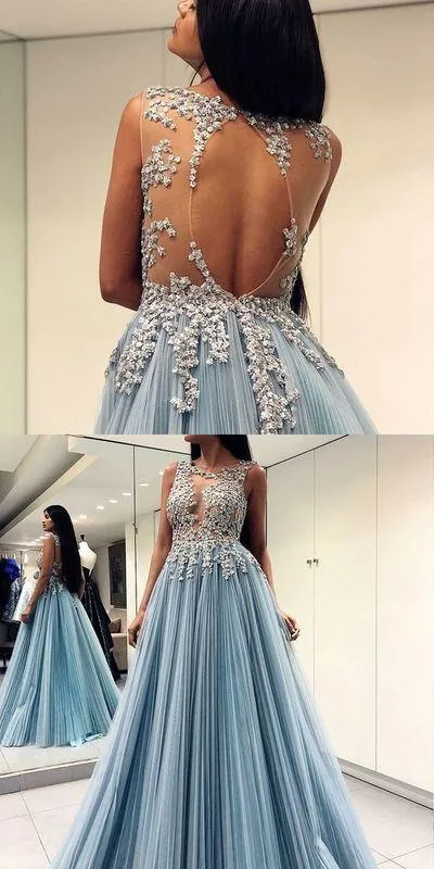 Chic Tulle Prom Dress Blue A Line Plus Size Long Prom Dress #ER431