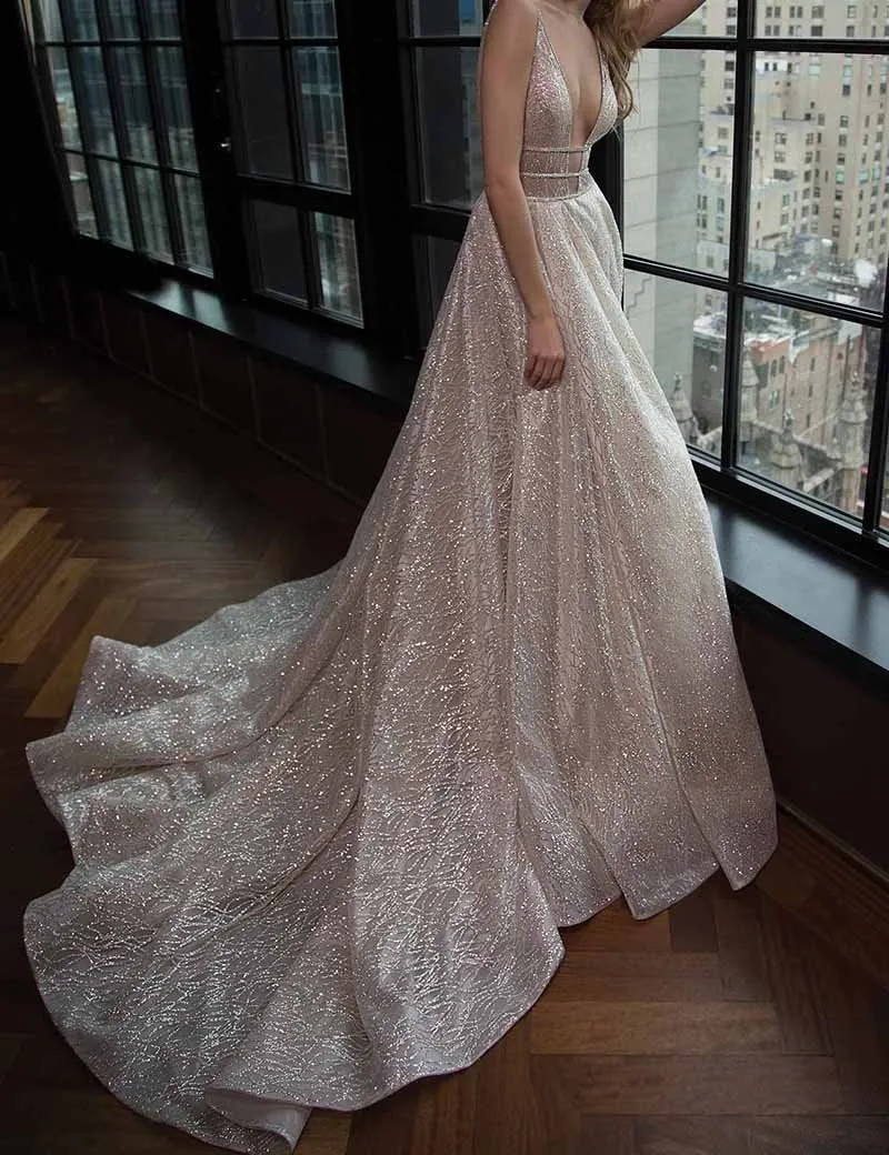 Chic Vintage Silver Prom Dress Lace V Neck Cheap Prom Dress #ER148