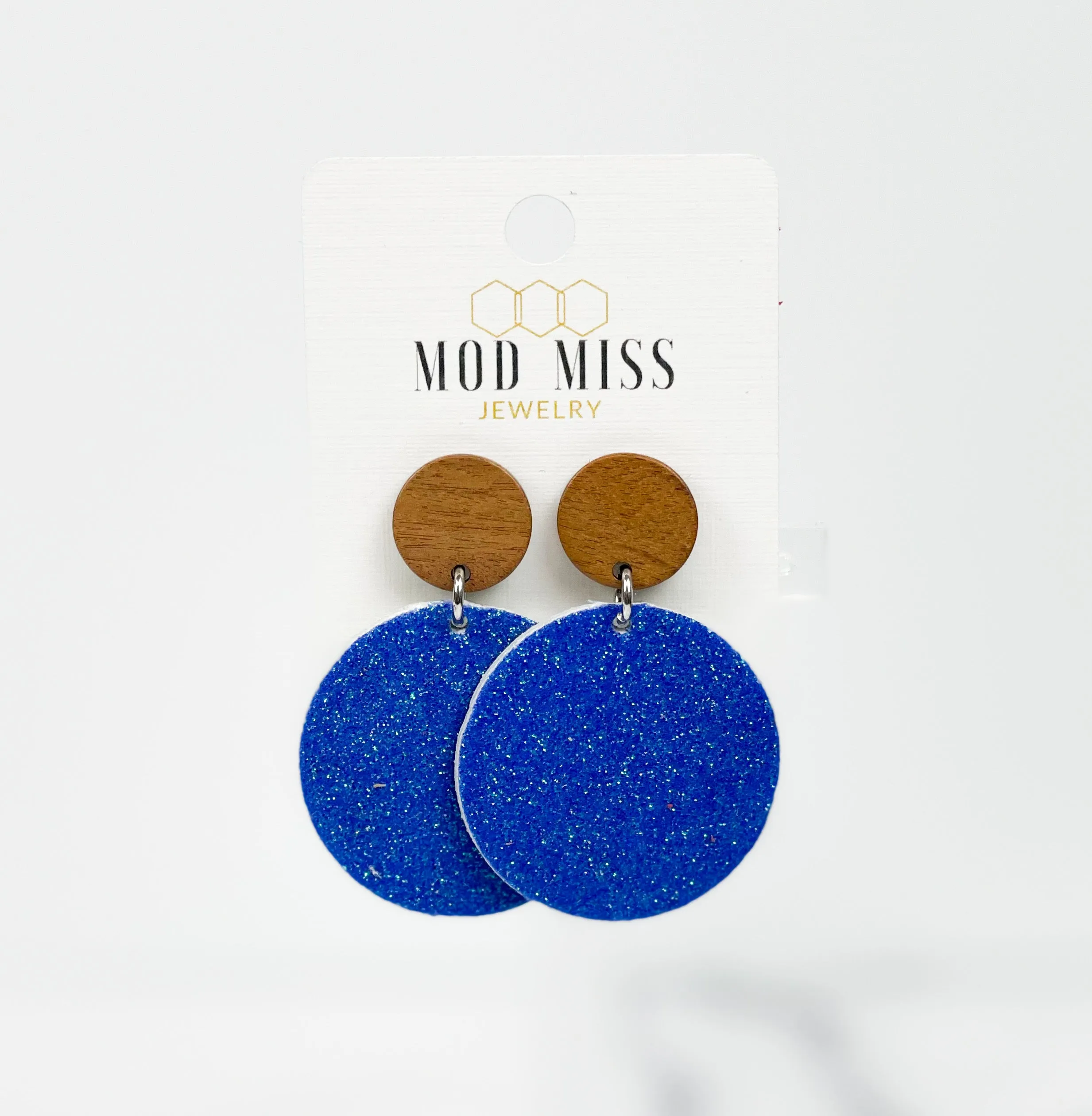 Cork Leather Round Earring Fine Glitter Royal Blue