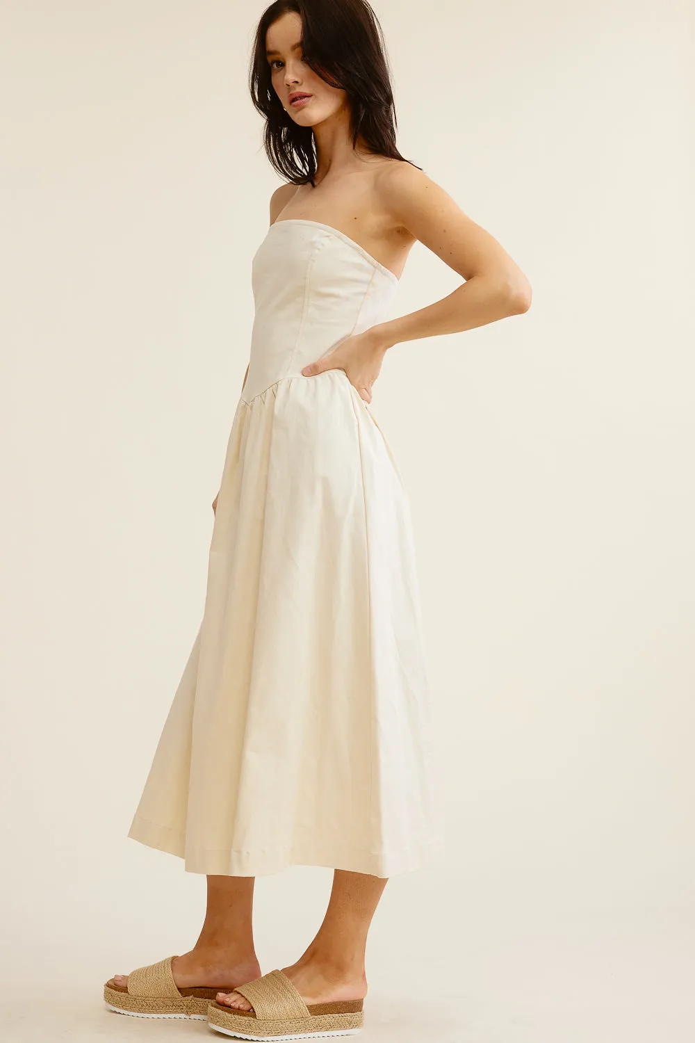 Cream Strapless Midi Dress