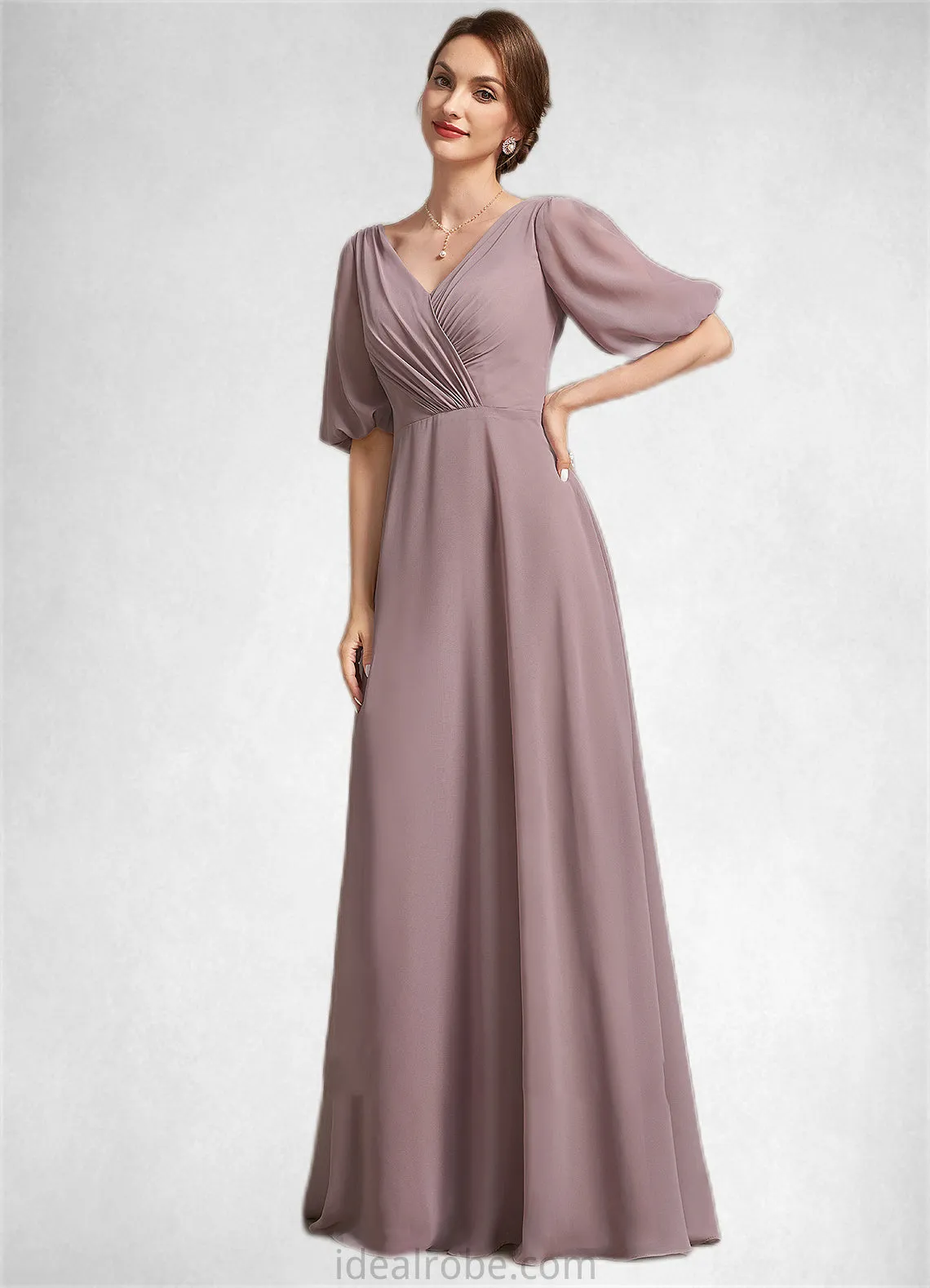 Daniela A-Line V-neck Floor-Length Chiffon Mother of the Bride Dress With Ruffle STK126P0014992