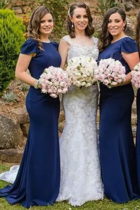 Dark Blue Round Neck Cap Sleeves Mermaid Bridesmaid Dress