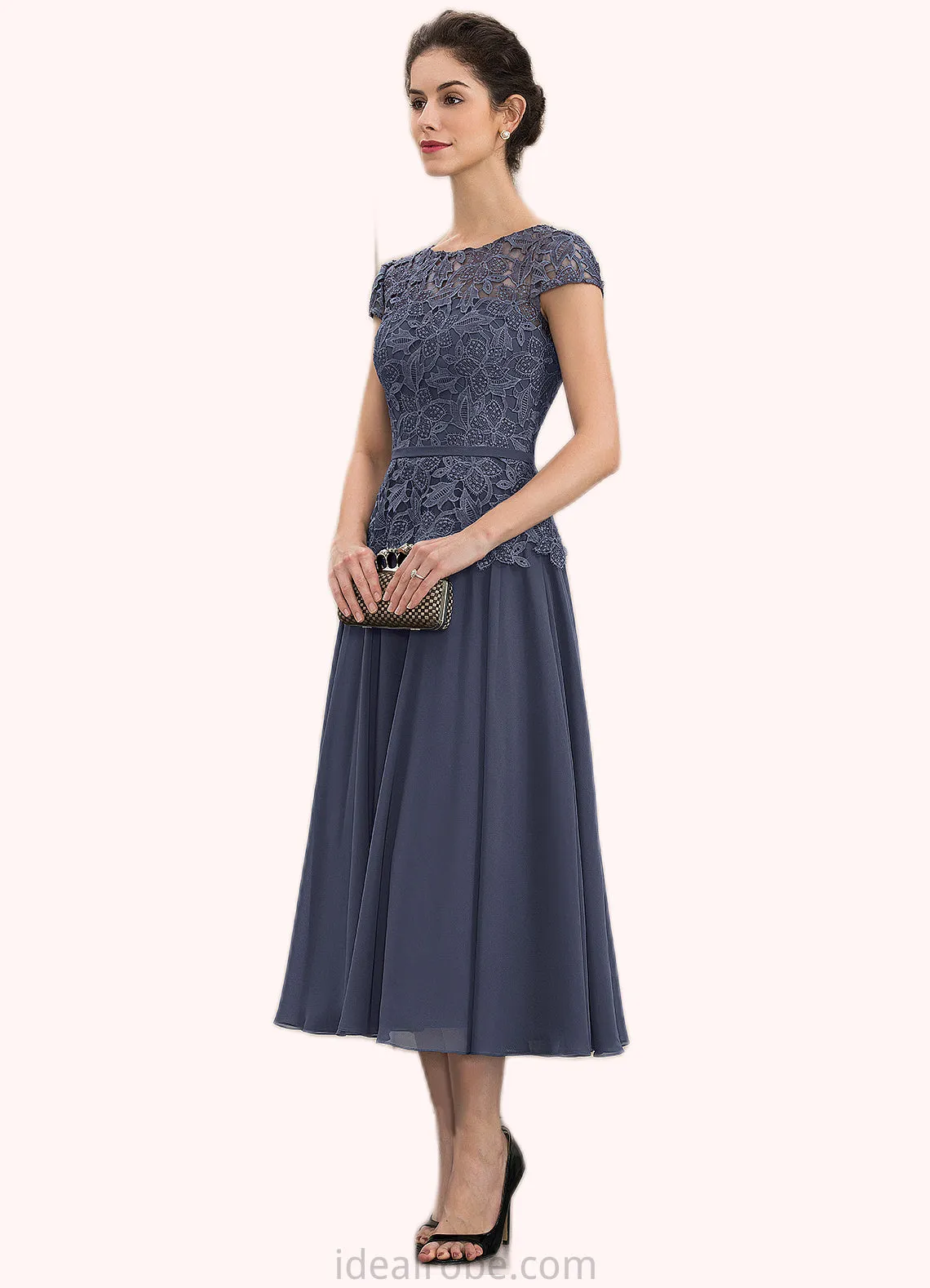 Deborah A-Line Scoop Neck Tea-Length Chiffon Lace Mother of the Bride Dress STK126P0014627