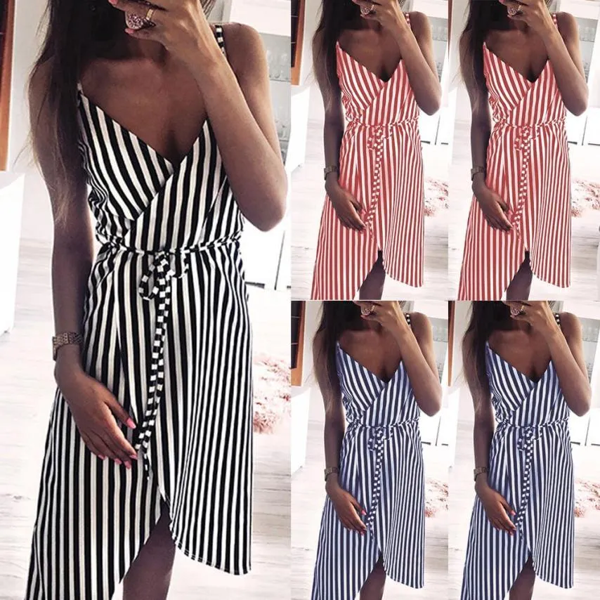 Dress Stripe Printing Sleeveless Off Shoulder Vest Empire Sashes