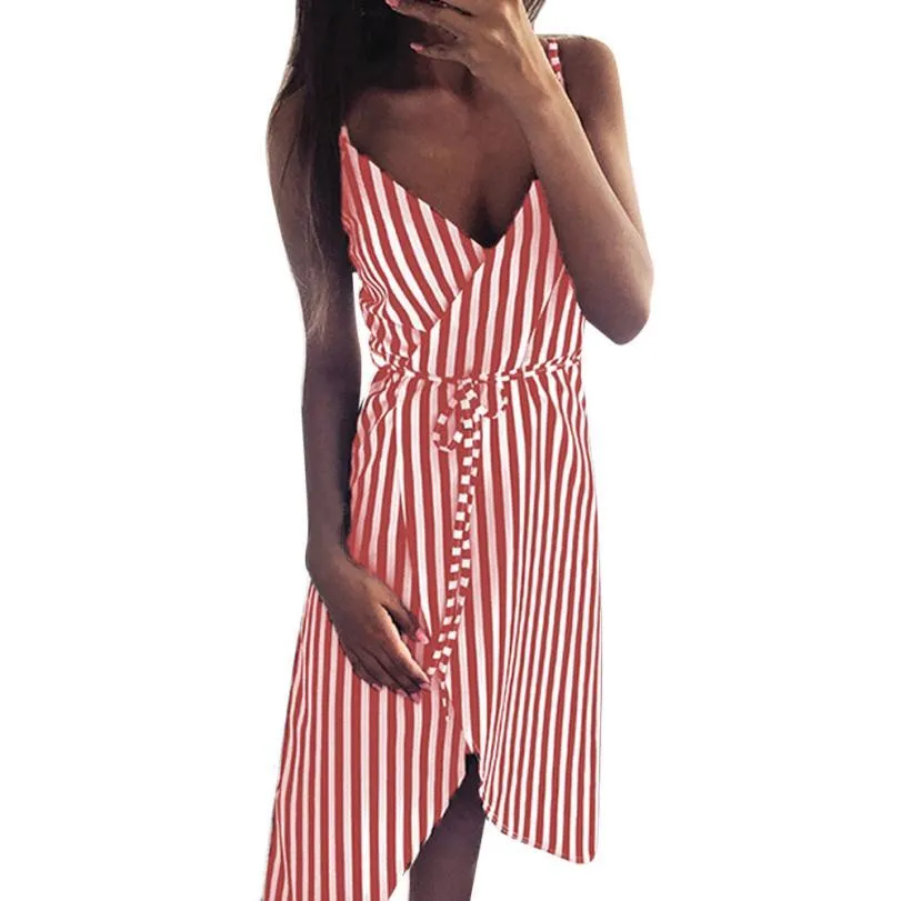 Dress Stripe Printing Sleeveless Off Shoulder Vest Empire Sashes