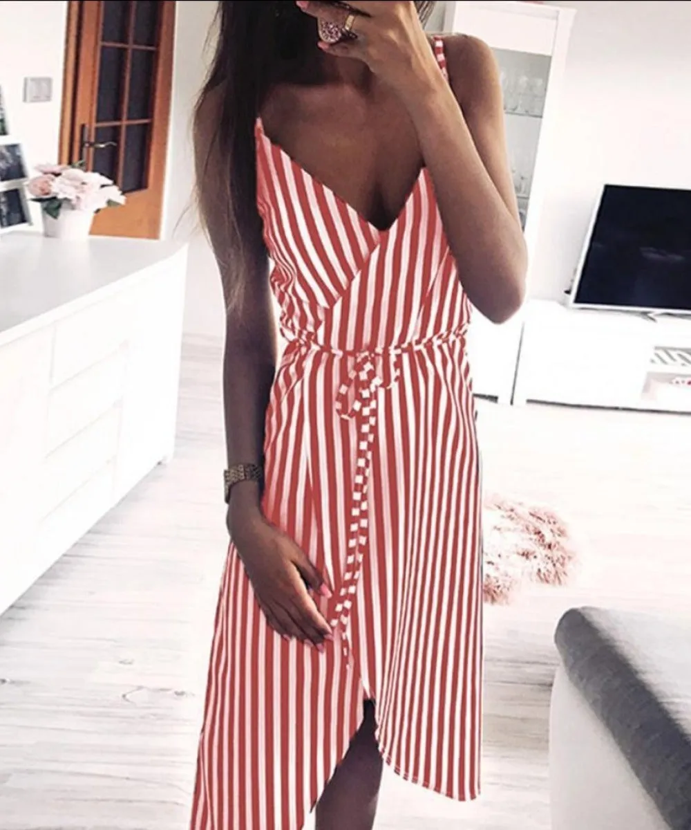 Dress Stripe Printing Sleeveless Off Shoulder Vest Empire Sashes