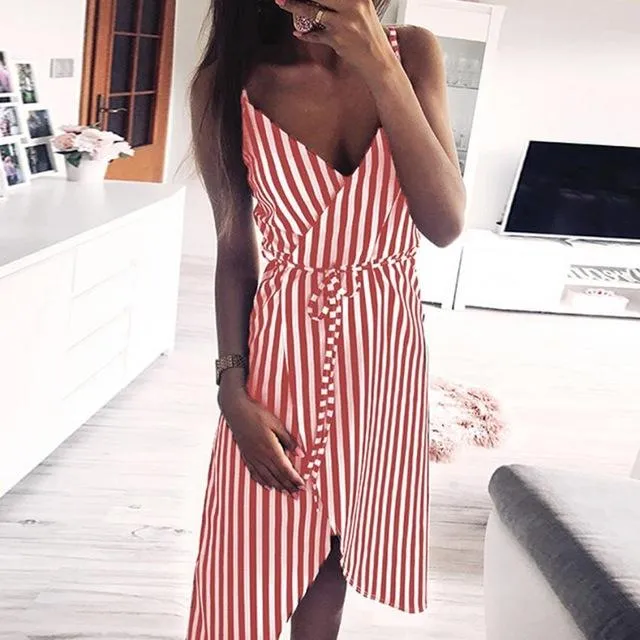 Dress Stripe Printing Sleeveless Off Shoulder Vest Empire Sashes