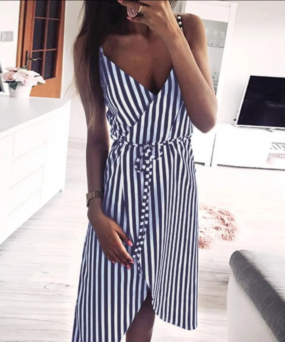 Dress Stripe Printing Sleeveless Off Shoulder Vest Empire Sashes