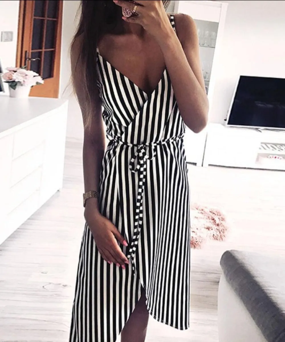 Dress Stripe Printing Sleeveless Off Shoulder Vest Empire Sashes