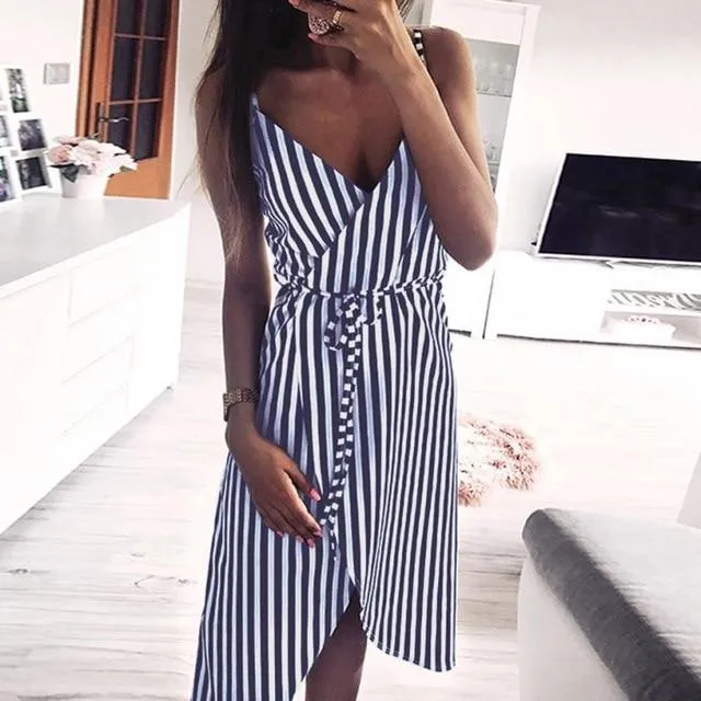 Dress Stripe Printing Sleeveless Off Shoulder Vest Empire Sashes