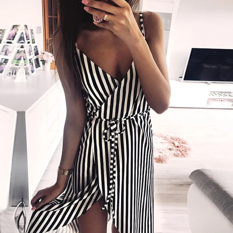 Dress Stripe Printing Sleeveless Off Shoulder Vest Empire Sashes