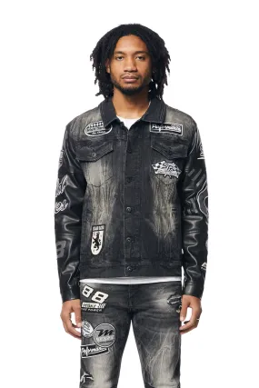 Embroidered Patched Racing Jean Jacket - Moon Black