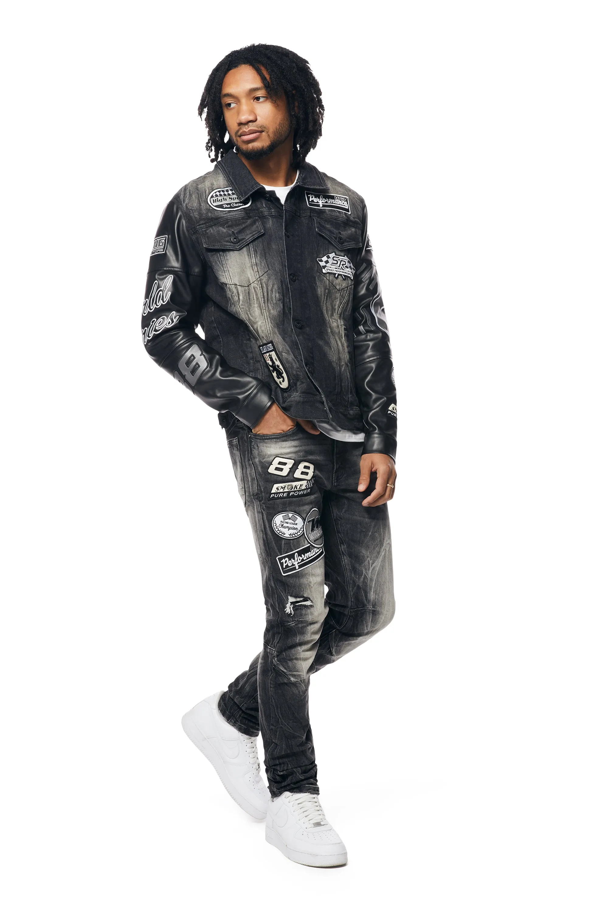 Embroidered Patched Racing Jean Jacket - Moon Black