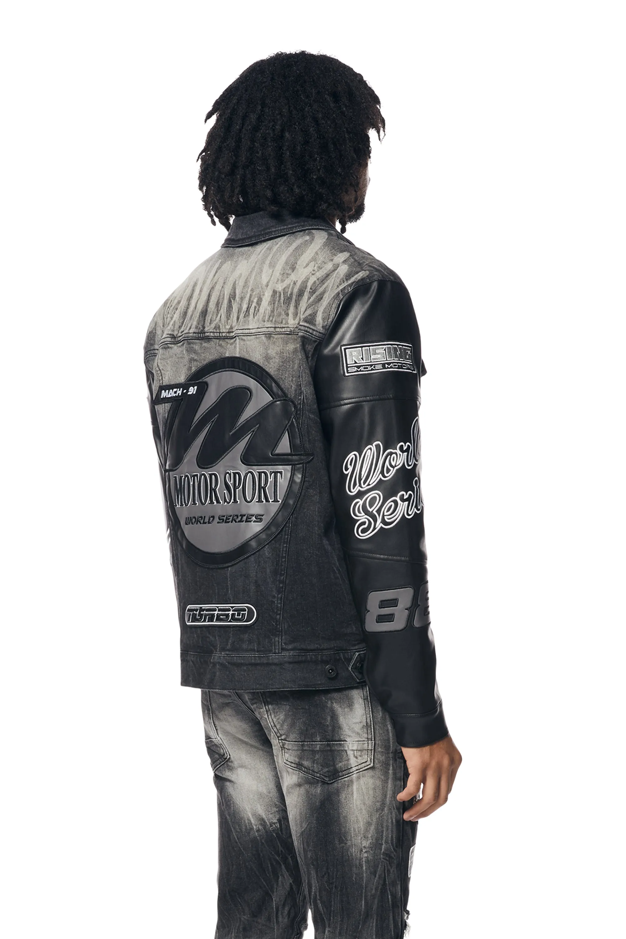 Embroidered Patched Racing Jean Jacket - Moon Black